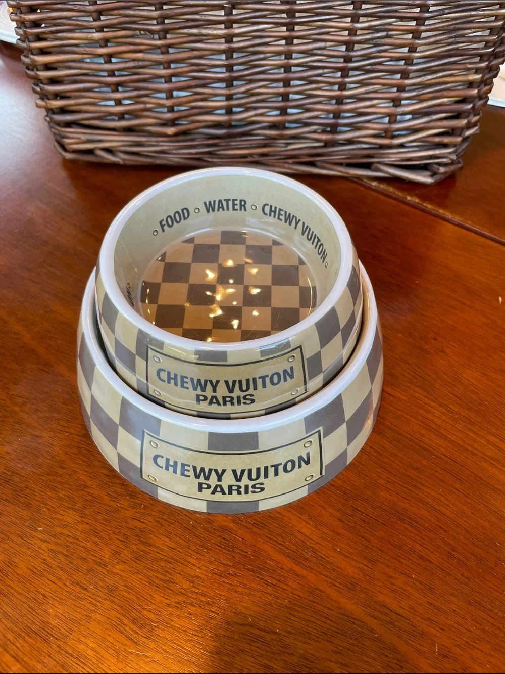 Chewy Vuiton dog bowls
